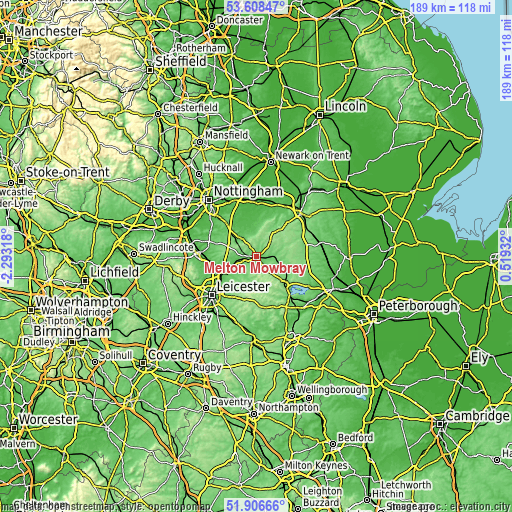 Topographic map of Melton Mowbray