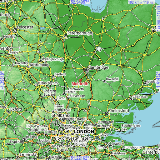 Topographic map of Meldreth