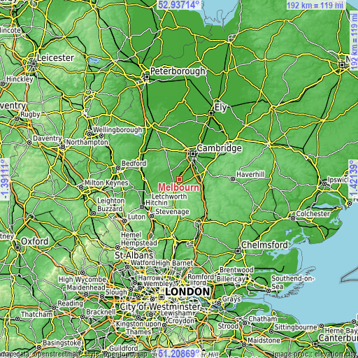 Topographic map of Melbourn