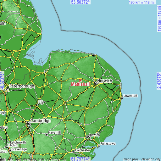 Topographic map of Mattishall