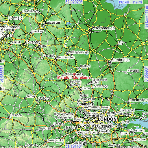 Topographic map of Marston Moretaine