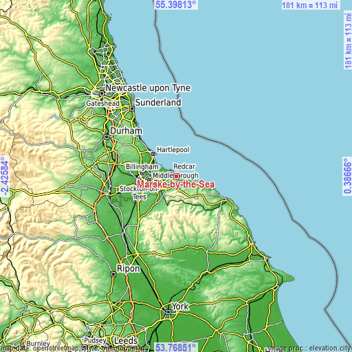 Topographic map of Marske-by-the-Sea