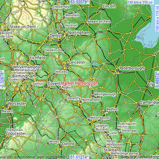 Topographic map of Market Harborough