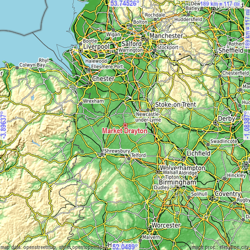 Topographic map of Market Drayton