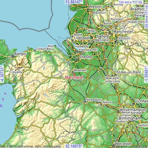 Topographic map of Marchwiel