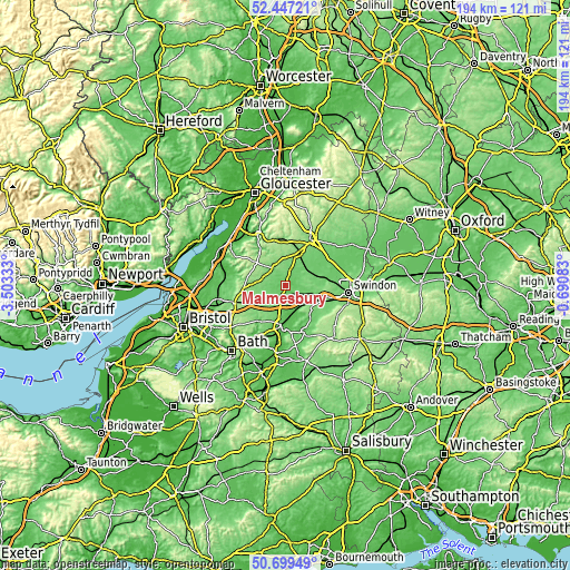 Topographic map of Malmesbury