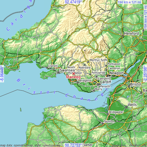 Topographic map of Maesteg