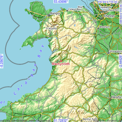 Topographic map of Machynlleth