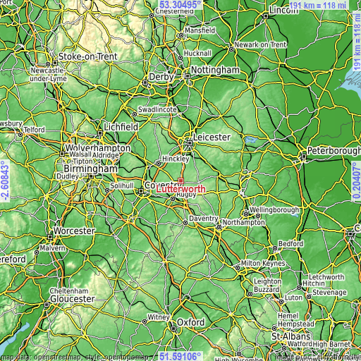 Topographic map of Lutterworth