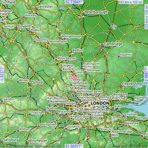Topographic map of Luton