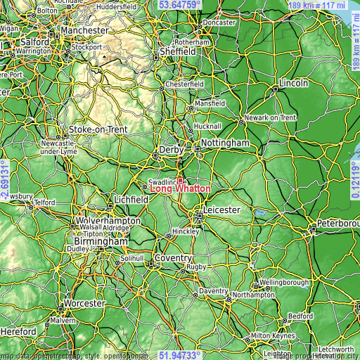 Topographic map of Long Whatton