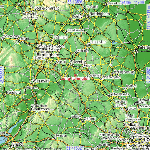 Topographic map of Long Itchington