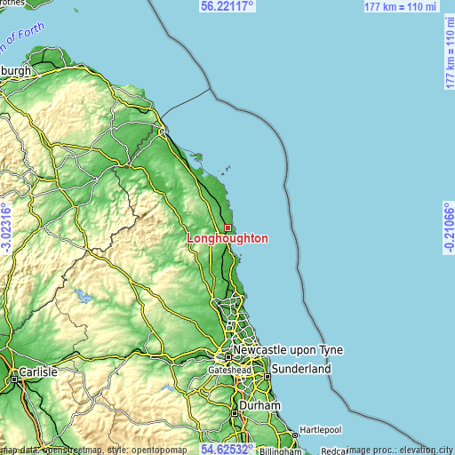 Topographic map of Longhoughton