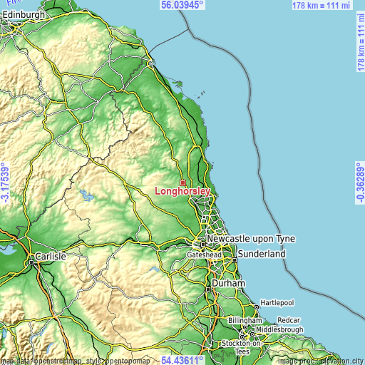 Topographic map of Longhorsley