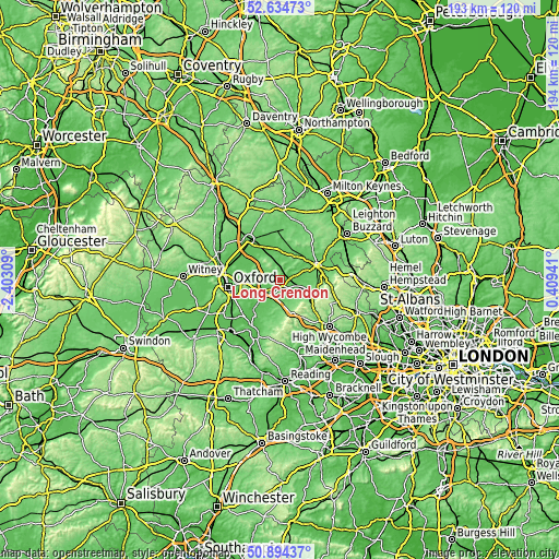 Topographic map of Long Crendon