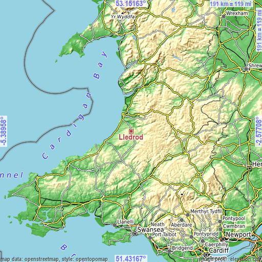 Topographic map of Lledrod