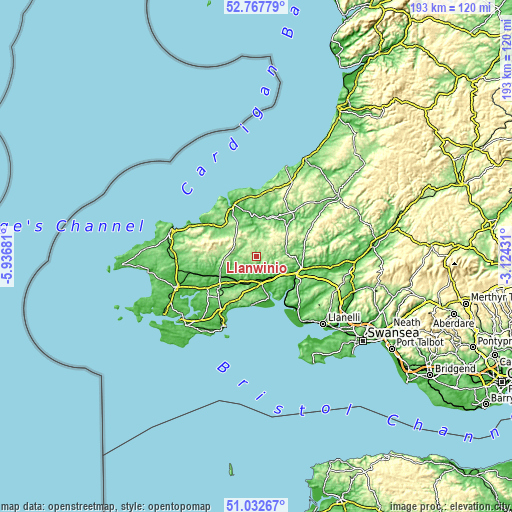 Topographic map of Llanwinio