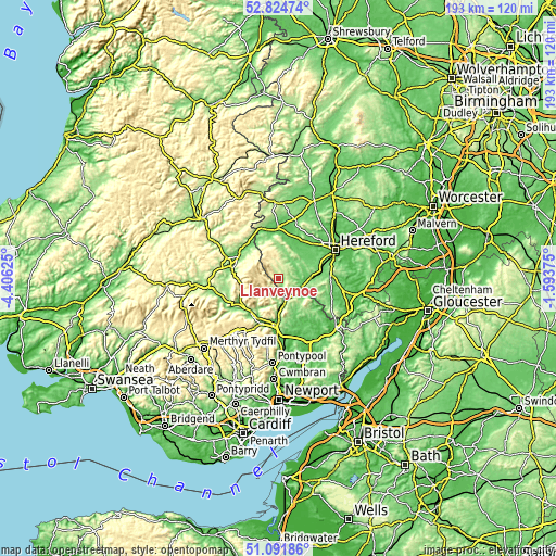 Topographic map of Llanveynoe