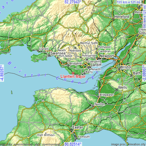 Topographic map of Llantwit Major