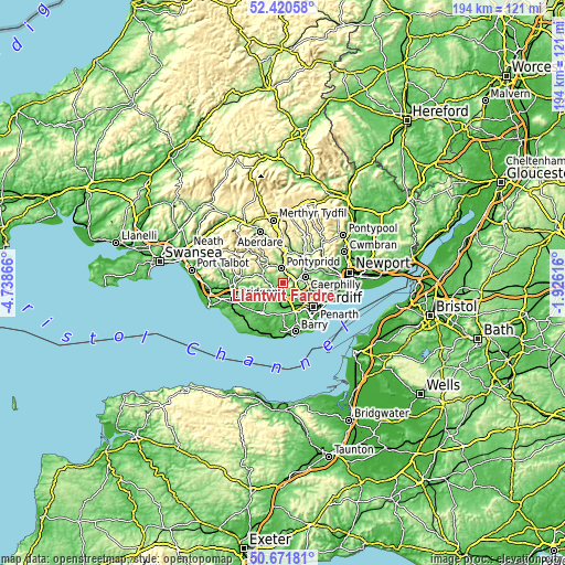 Topographic map of Llantwit Fardre