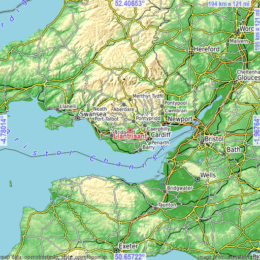 Topographic map of Llantrisant