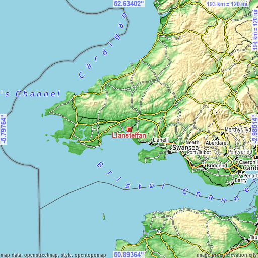 Topographic map of Llansteffan