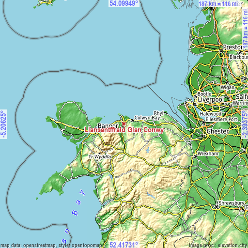 Topographic map of Llansantffraid Glan Conwy