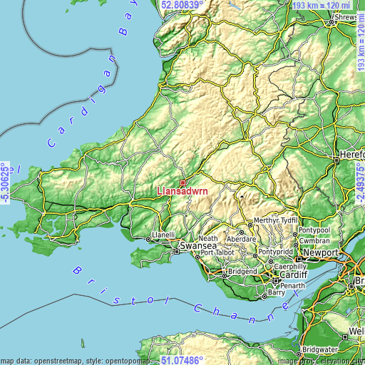 Topographic map of Llansadwrn