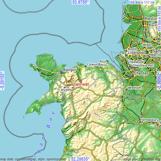 Topographic map of Llanrwst