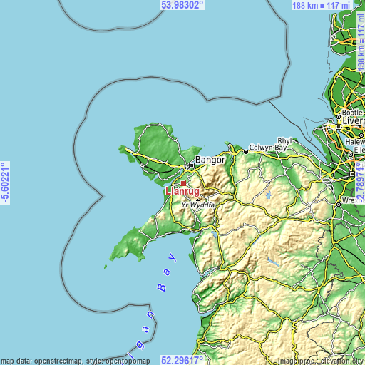 Topographic map of Llanrug