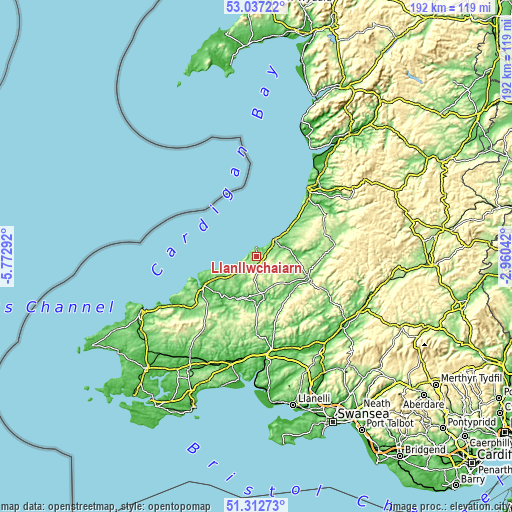 Topographic map of Llanllwchaiarn