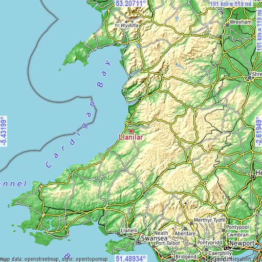 Topographic map of Llanilar