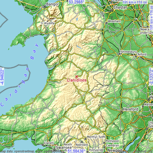 Topographic map of Llanidloes