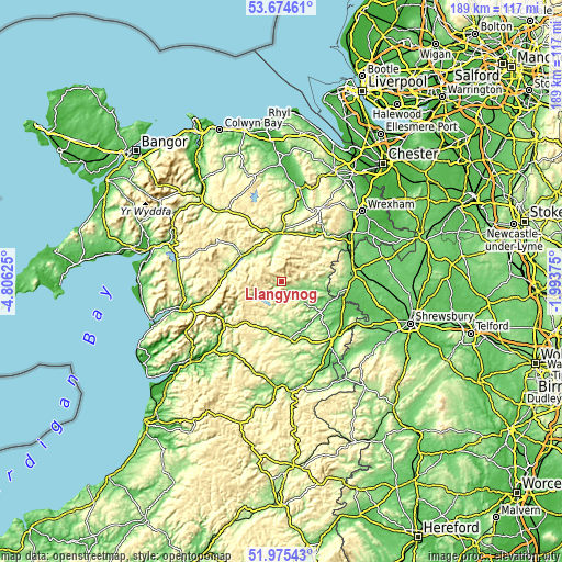 Topographic map of Llangynog