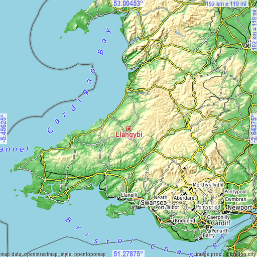 Topographic map of Llangybi