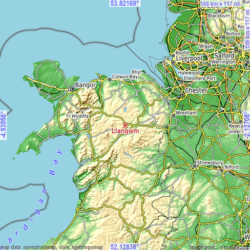 Topographic map of Llangwm