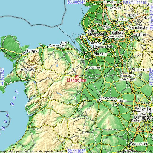 Topographic map of Llangollen