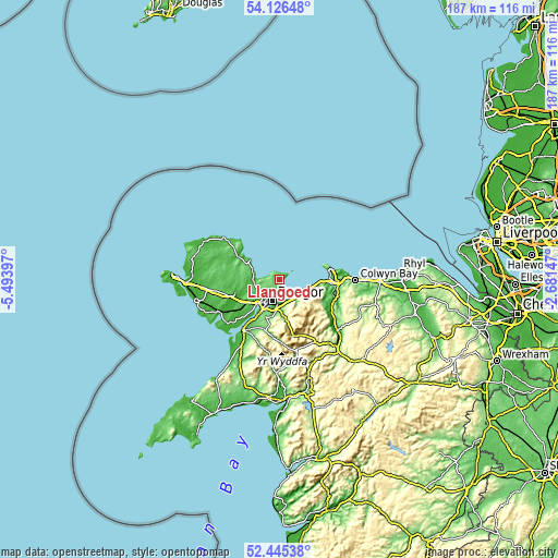 Topographic map of Llangoed