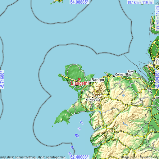 Topographic map of Llangefni