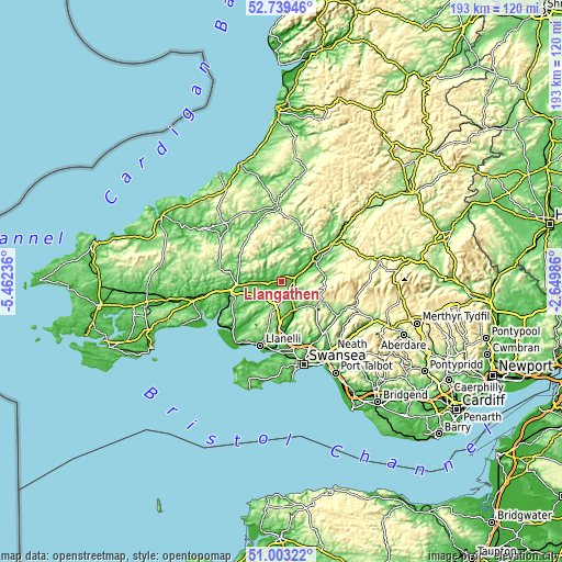 Topographic map of Llangathen