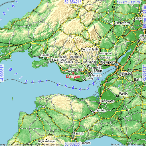 Topographic map of Llangan