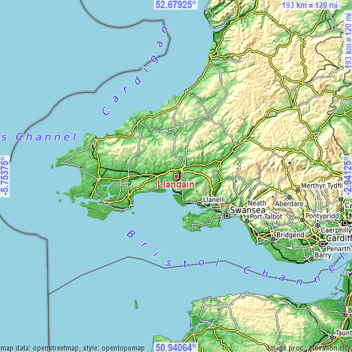 Topographic map of Llangain