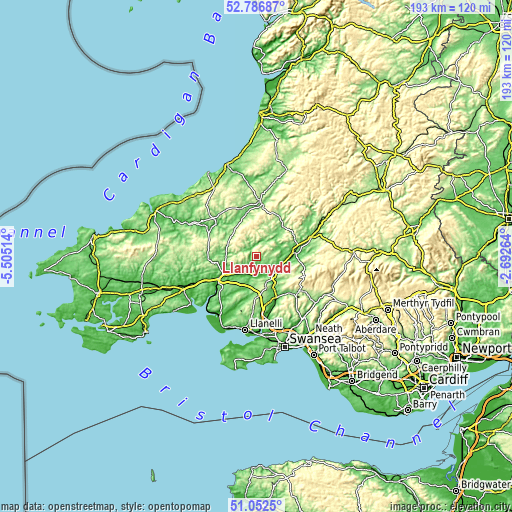 Topographic map of Llanfynydd