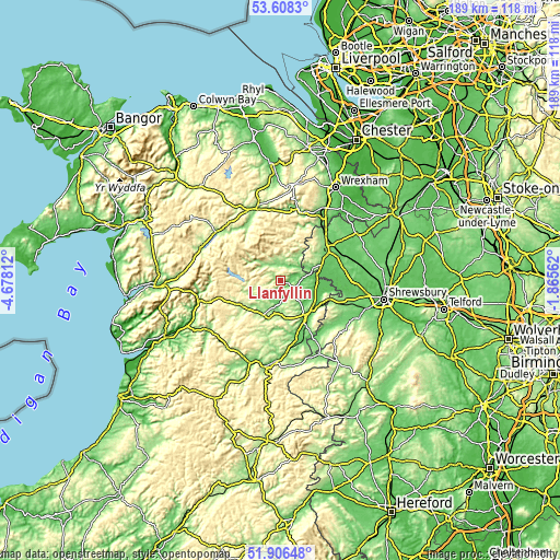 Topographic map of Llanfyllin