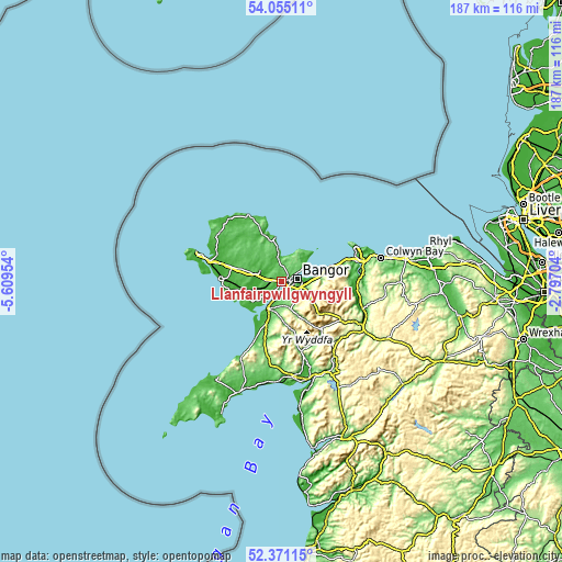 Topographic map of Llanfairpwllgwyngyll