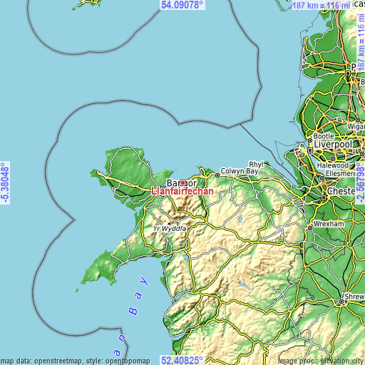 Topographic map of Llanfairfechan