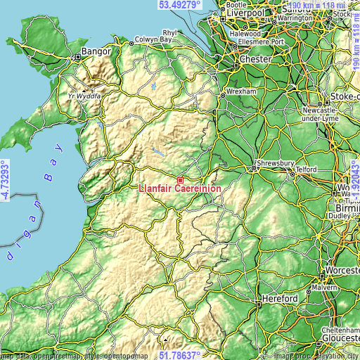 Topographic map of Llanfair Caereinion