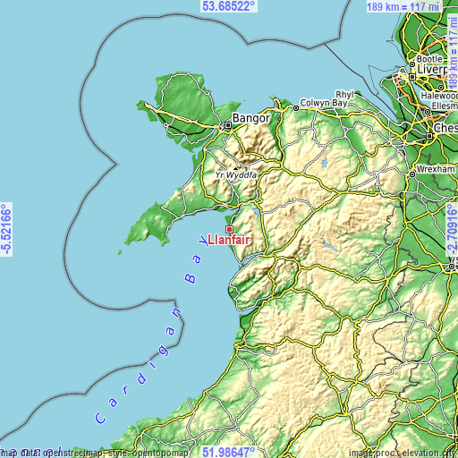 Topographic map of Llanfair