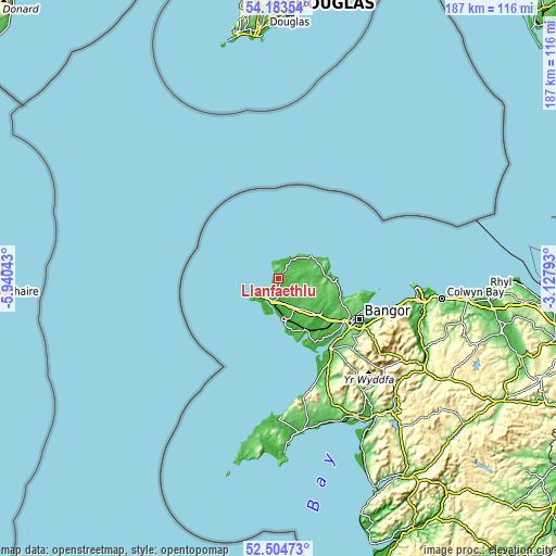 Topographic map of Llanfaethlu