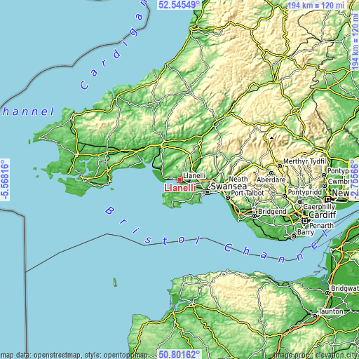 Topographic map of Llanelli